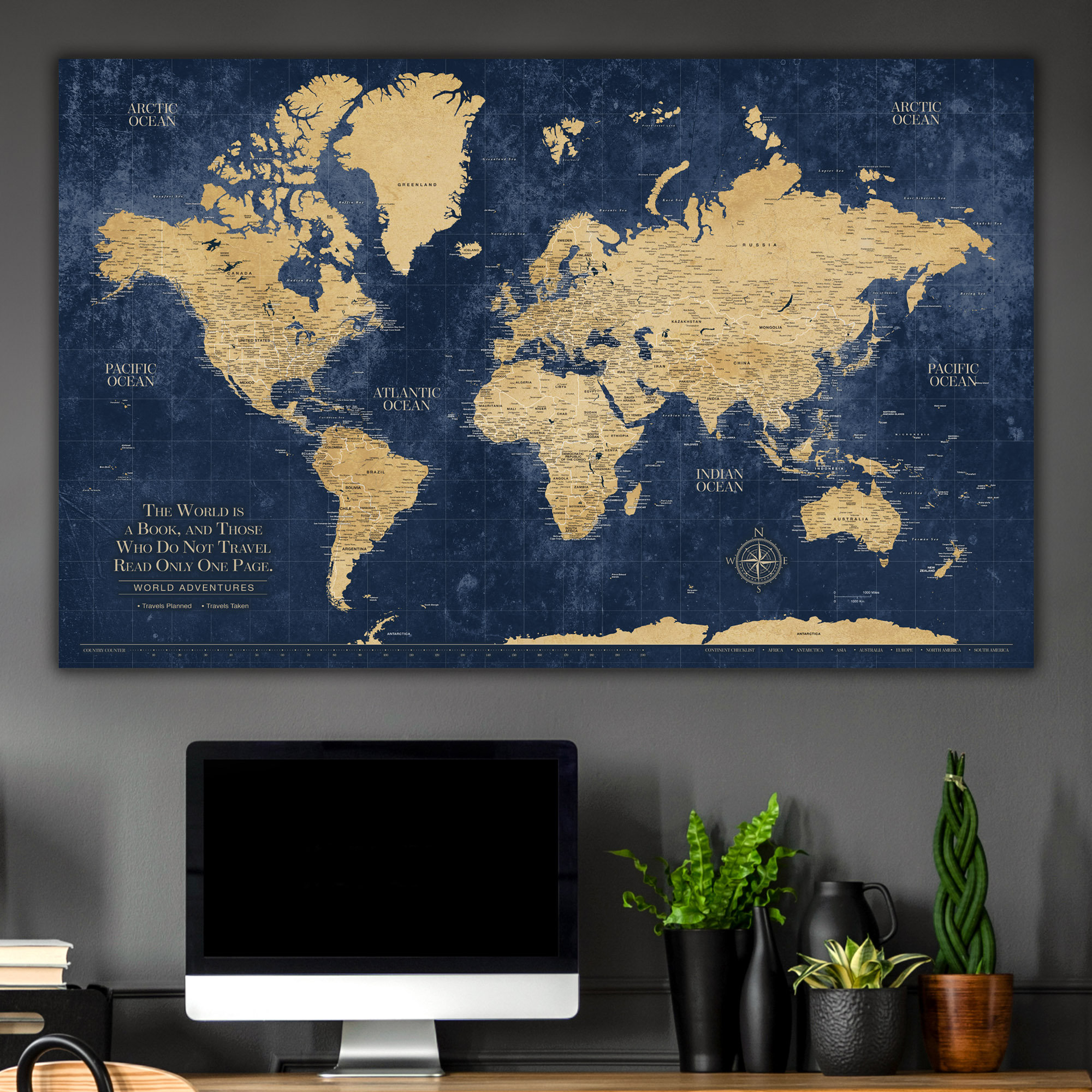 Holy Cow Canvas Navy Push Pin Travel Map of the World - Single Panel