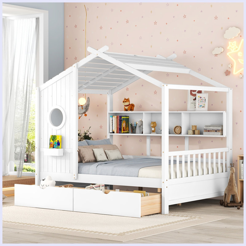 Lit moderne en bois avec 2 tiroirs et tablette de rangement, Complète, Blanc