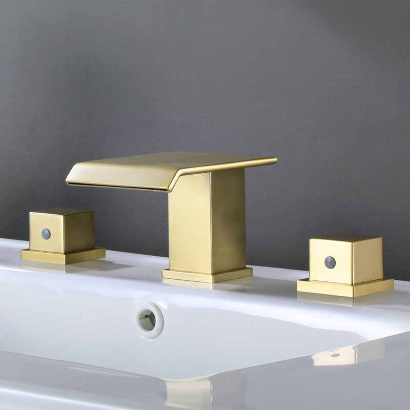 Solid Brass Two Handle Waterfall Widespread Bathroom Sink Faucet with Drain Assembly , Brushed Gold, Drain Assembly Included