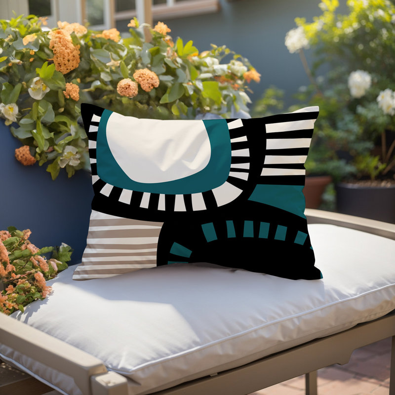 Coussin rectangulaire intérieur / extérieur Alika, Émeraude / noir / blanc cassé, H 14 po x l 20 po