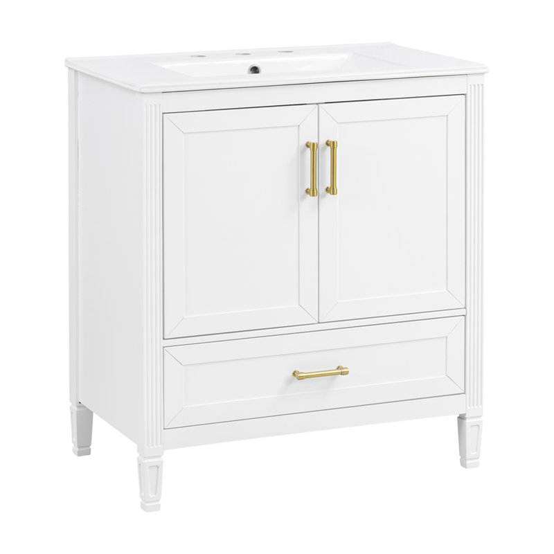 Meuble-lavabo cannelé élégant de 30 po avec lavabo en céramique, boîte simple, pieds en bois massif, portes et tiroir à fermeture en douceur, tablette de porte