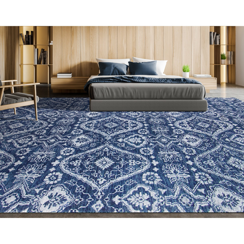 Ikat Area Rug in Blue/Dark Blue/White, Rectangle 9' x 12'