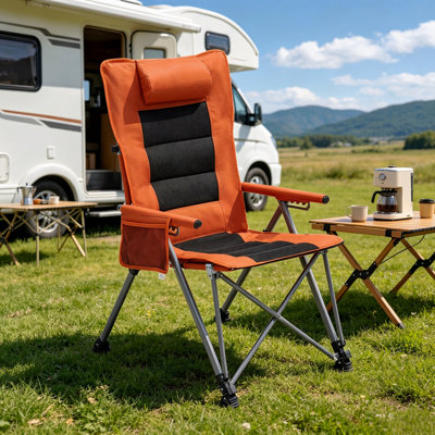 Chaise de camping inclinable réglable à 5 positions, poche latérale et sac de transport, chaise d'extérieur portative robuste pour la plage, le camping, le patio, orange