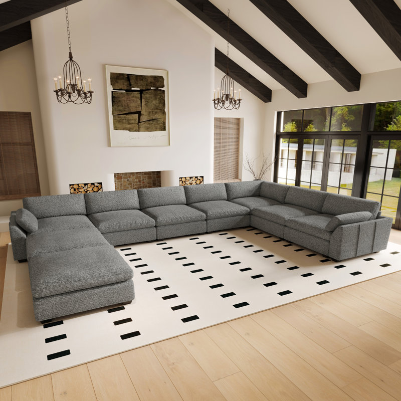 Canapé modulaire en U imperméable Lavonia Chenille avec coussins en duvet et repose-pieds doubles, Light Grey Chenille