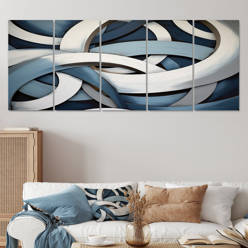 «Blue and White Whirling Rings I», art mural abstrait sur toile, 5 pièces, H 32 po x l 80 po