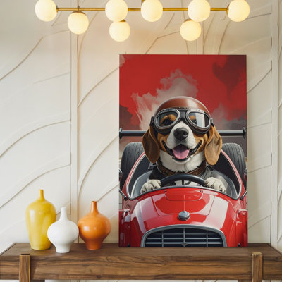 Canvas Wall Art Beagle Racer Whimsical Dog Driving Vintage Race Car Art Ready To Hang Gallery Wrapped Home Decor Modern Design Decor