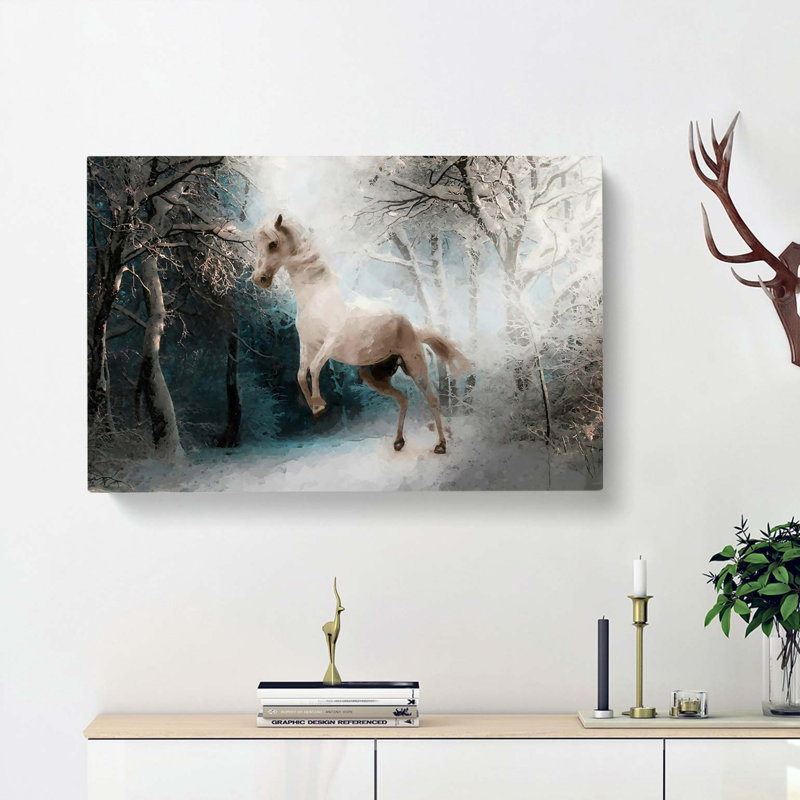 White Horse Rearing in a Winter Forest in Abstract - Wrapped Canvas, 60cm H x 91cm W x 3cm D
