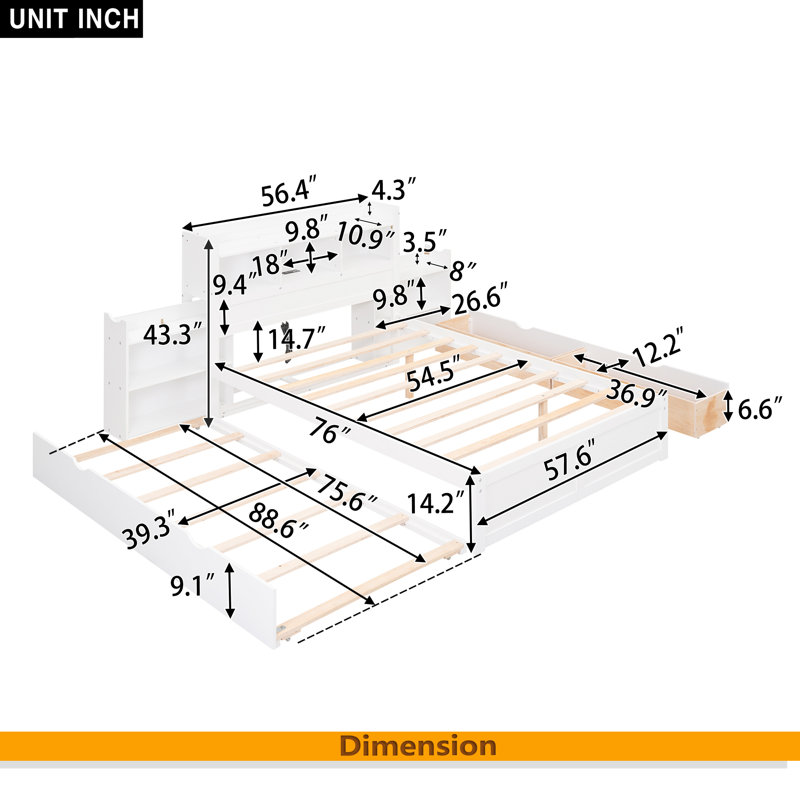 Lit plateforme double avec tablettes coulissantes, Blanc