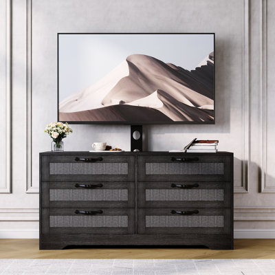 Meuble télé 47,2 po avec support télé ajustable, centre de divertissement en rotin moderne avec 6 tiroirs, console média convenant aux téléviseurs de 32 à 85 po pour appartement, salon et chambre à coucher
"