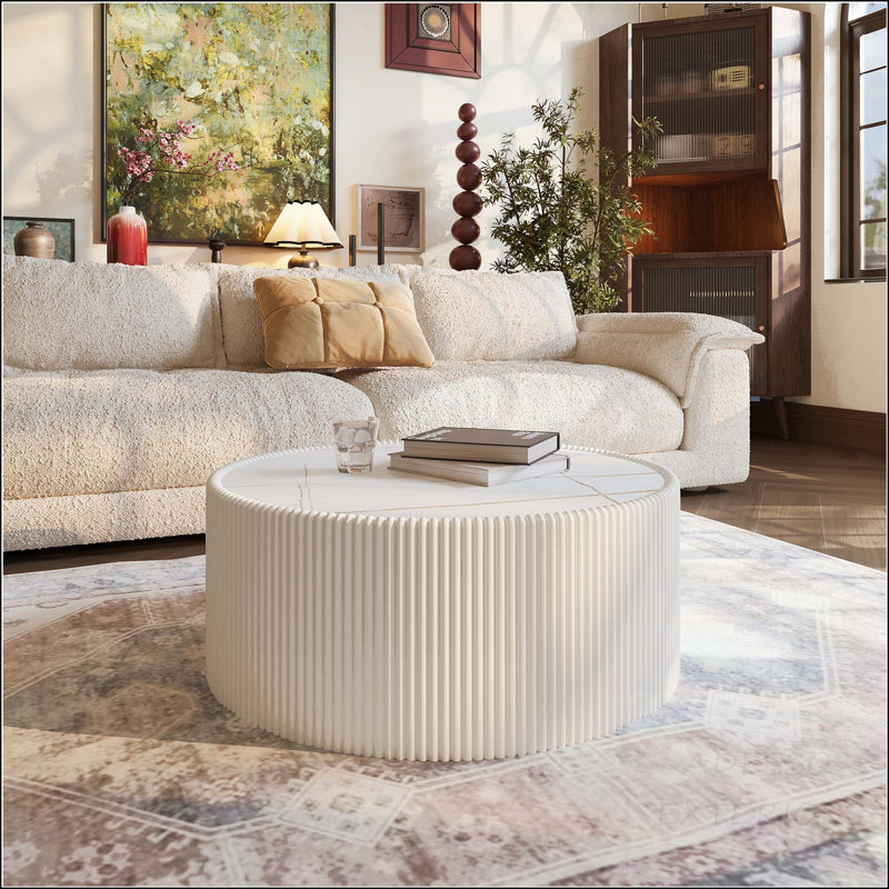 Table basse cylindrique avec plateau en pierre frittée et similicuir, motif doré, H 14,56 po x L 29,52 po x l 29,52 po