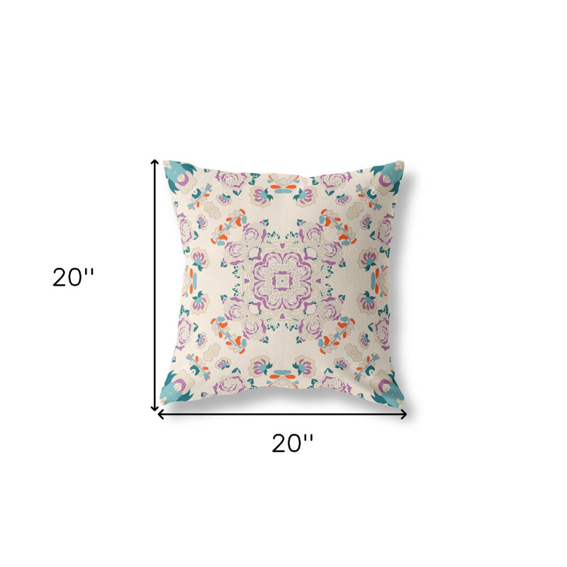 Coussin 20 po x 20 po, Blanc cassé / floral mauve