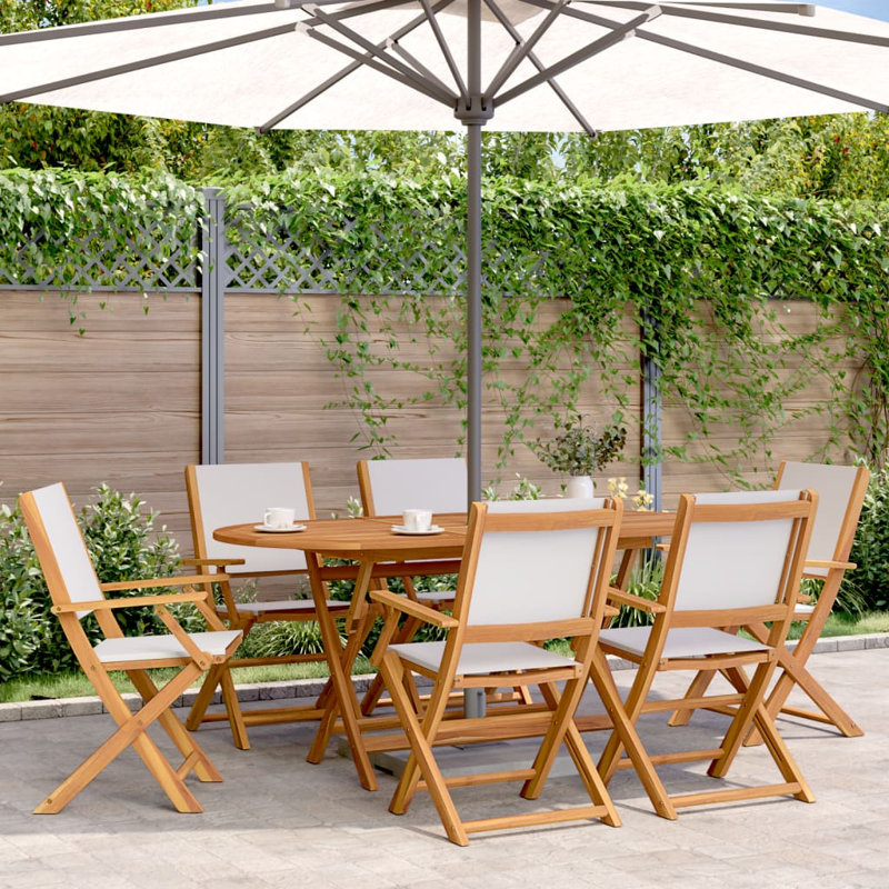 7 Piece Garden Dining Set White Fabric And Solid Wood, Cream white