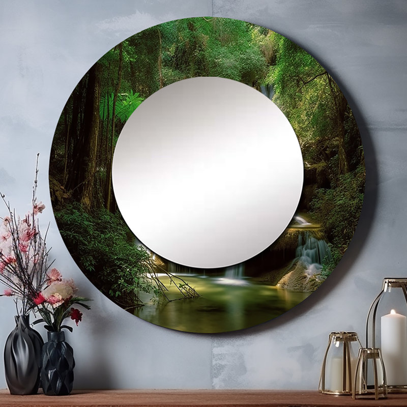 Guelfa Waterfall In Dense Forest I - Mountains Large Mirror, Green Round Unique Wall Mirror Decor, Printed Metal Art