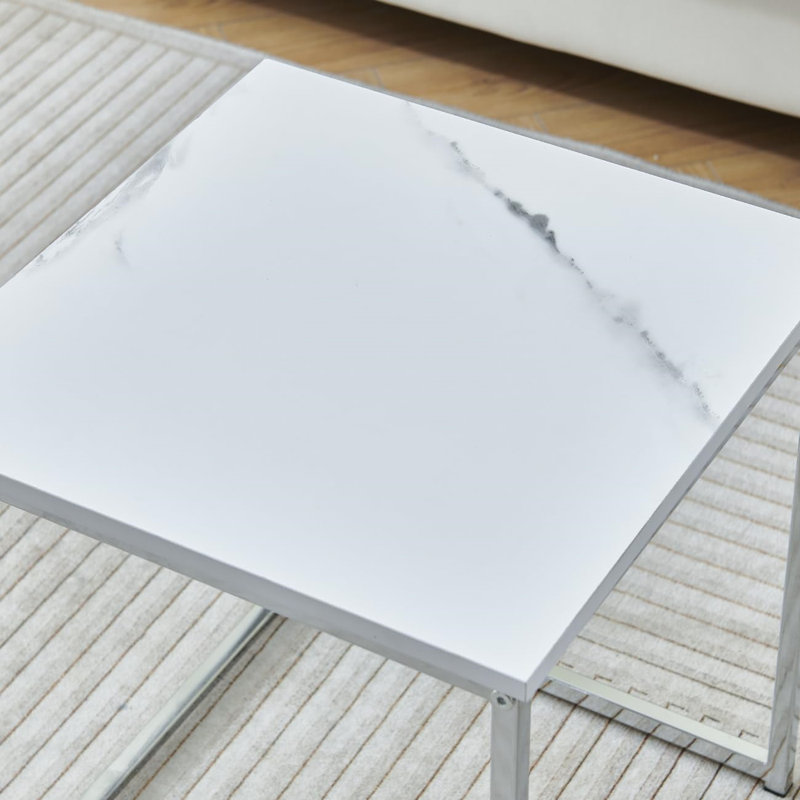 Living Room Nesting Coffee Table Set Of 3 High Glossing Marble Effect, Small Square Side Sofa Table 3 In 1 Nested Table Corner Little End Table Stackable Wood Tabletop With Chrome Frame 