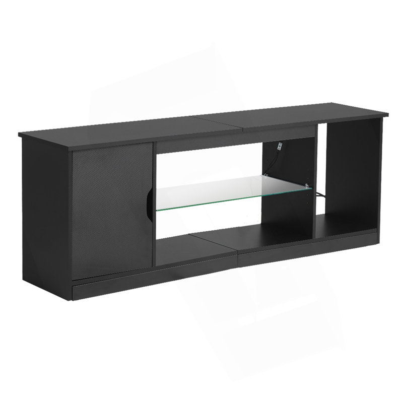 Meuble télé moderne avec tablette en verre, rangement réglable et éclairage multimode pour téléviseur de 65 po ou moins
