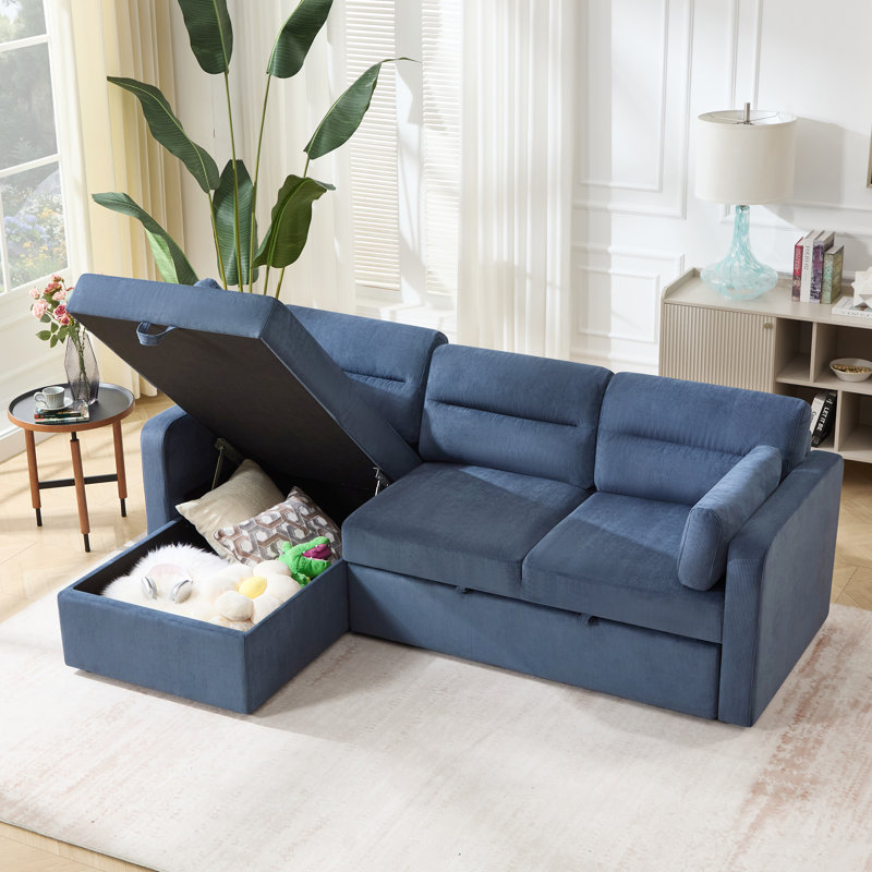 Canapé-lit modulaire en L de 92,5 po de large avec rangement en L, Velours côtelé bleu marine