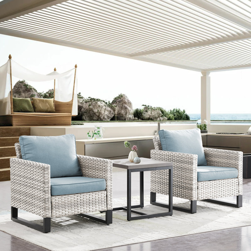 Braxley Wicker 2 - Person Patio Conversation Set with Cushions, Blue, Light Gray