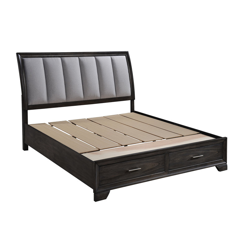 Grand lit de rangement avec tête de lit, design contemporain, finition grise, bois massif, deux tiroirs, tiroir de tête de lit à dossier français et anglais