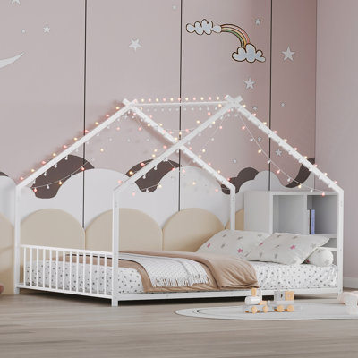 Bed Frame With LED Light Strips, Roof-Shaped Iron Frame Bed,78.5" L X 55.9" W X 58.4" H.