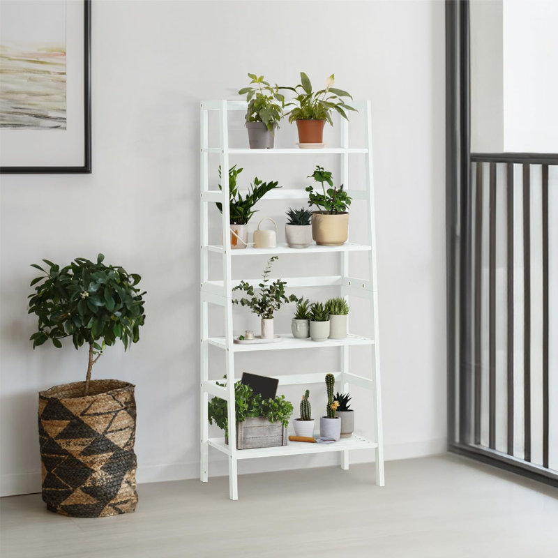 4-Tier Open Storage Bamboo Ladder Shelf for Bathroom, Bedroom, Kitchen, White, White