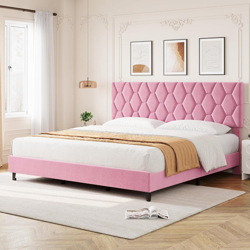 Très grande base de lit tapissier, plateforme robuste, lattes en bois, Très grand lit, Rose