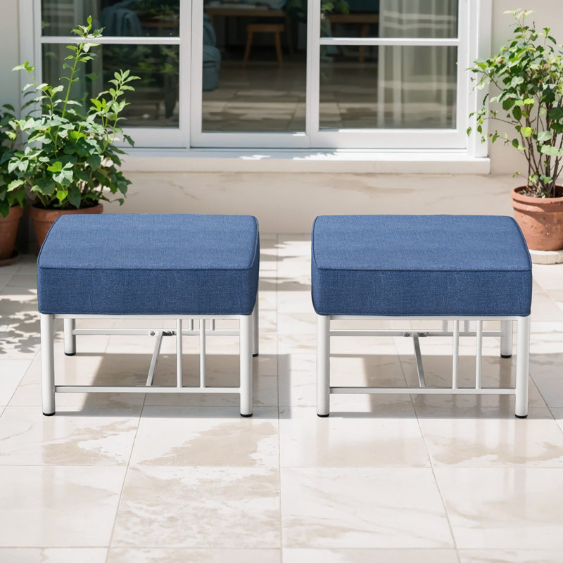 Repose-pieds d'extérieur Coan Archlebov avec coussin épais de 5 po (ensemble de 2), Coussin bleu / cadre blanc
