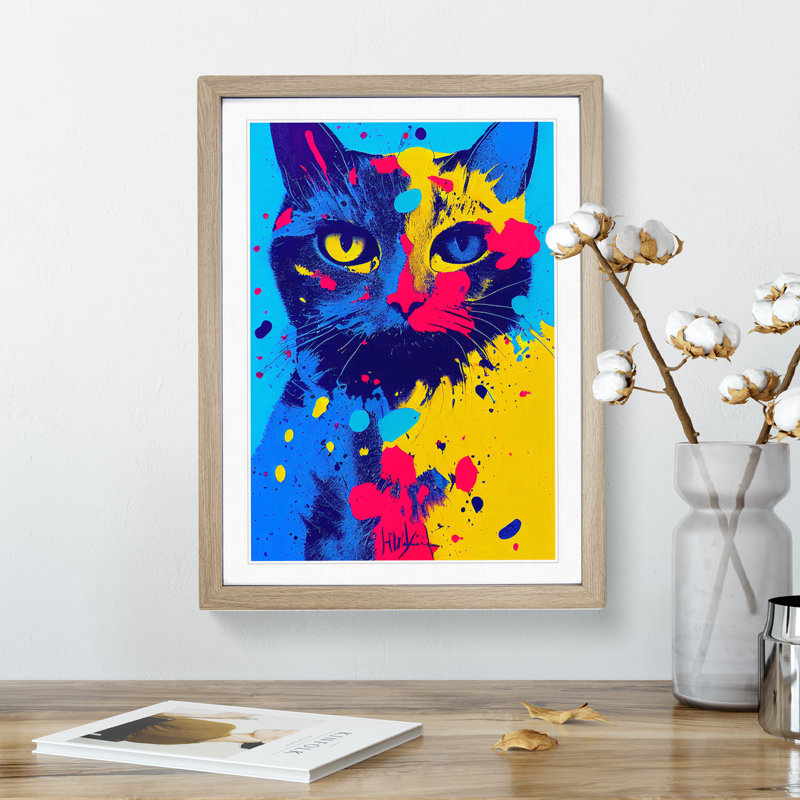 Paint Splat Cat No.1 - Single Picture Frame Print, 34cm H x 25cm W x 2cm D, Oak