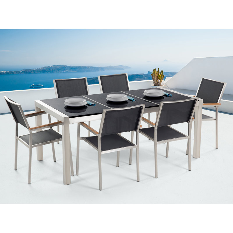 Korolevu 6 - Person Patio Dining Set with Rectangular Table, Black polish