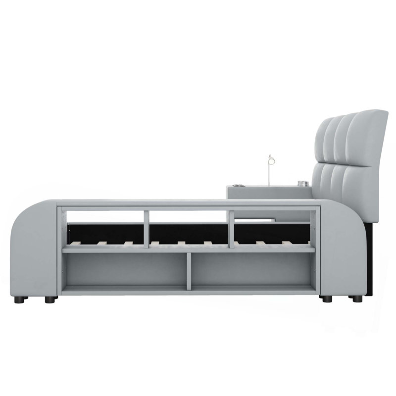 Grand lit plateforme tapissier avec table de chevet multimédia et tablettes de rangement, Gris