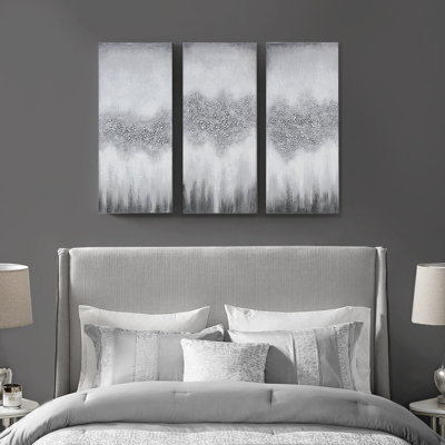 Contemporary Grey And Black Abstract Canvas Artwork For Indoor, Heavily Embellished With Glitter Natural Stones, 15"w X 35"h 1.5"d Each Piece 3 Wall Hangings, Rocks,