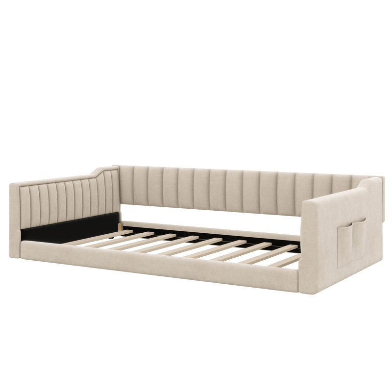 Lit de jour rembourré avec poche de rangement latérale, Beige, Très grand simple