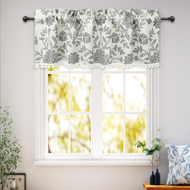 Ivory Gray Floral Linen Blend Room Darkening Valance with Pom Pom Trim