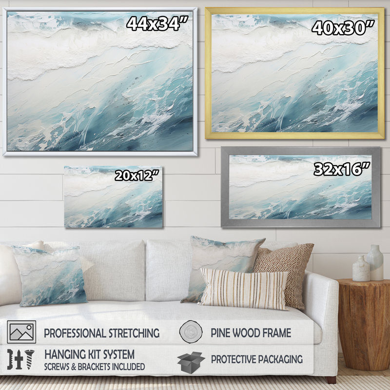 «Soft Color Minimal Beach Wave I - Coastal Beach», art mural encadré, H 12 po x l 20 po x P 1 po, Cadre flottant doré