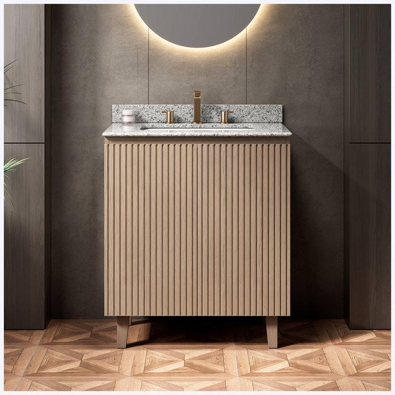 Meuble-lavabo autoportant Heidelberg de 30 po à motif de bois avec lavabo, comptoir en granit naturel, lavabo en céramique et 3 trous pour robinetterie (robinet et bonde non inclus).