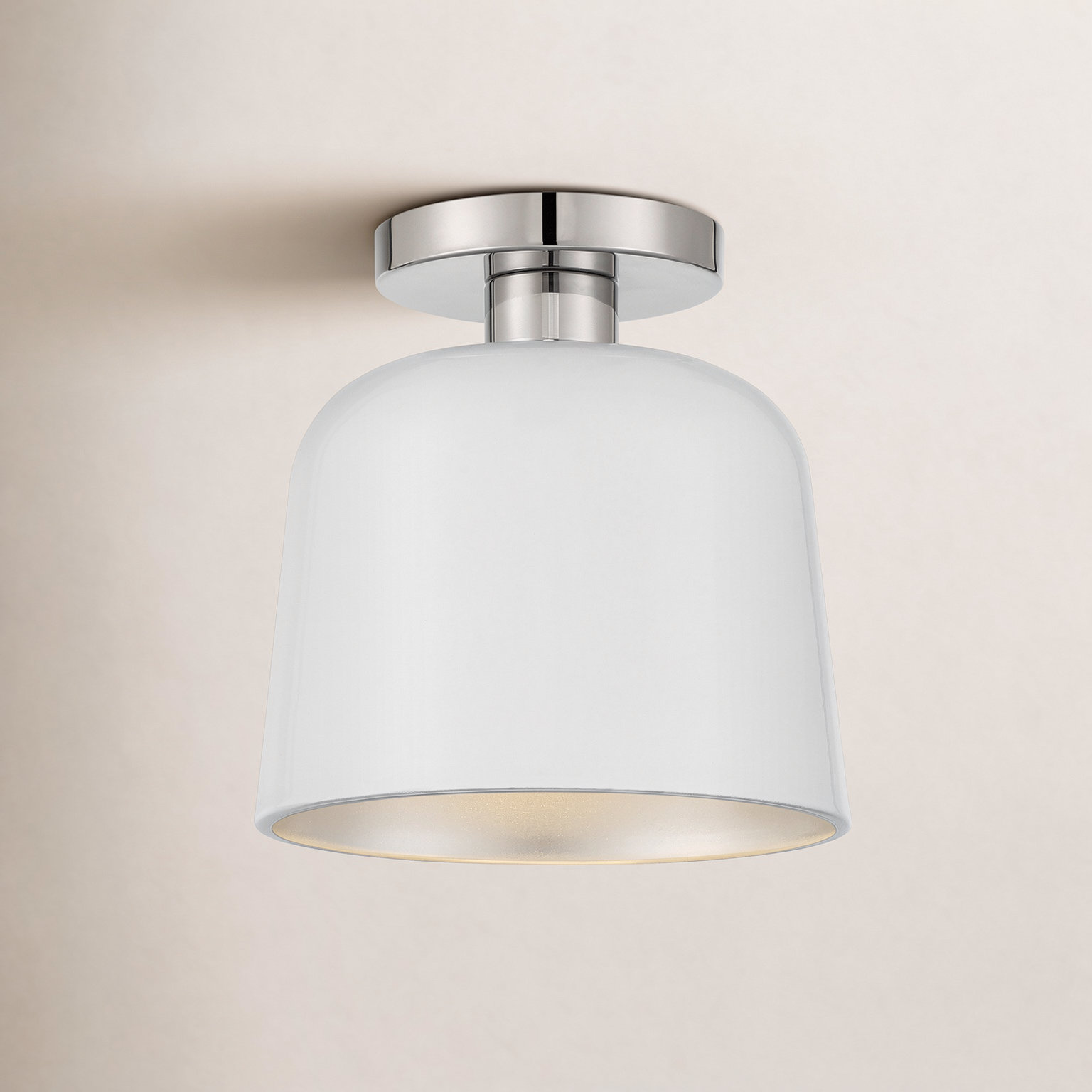 Che Single Light Semi Flush Mount, White, Polished Nickel