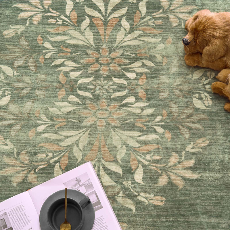 Vintage Floral Distressed Design Non-Slip Low-Pile Soft Thin Faux Wool Area Rug, Round 7'
