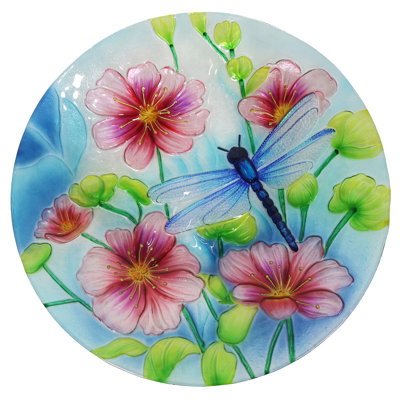 18" Colorful Glass Birdbath with Stand-Dragonfly
