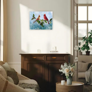 Tableau sur toile sans cadre « Oiseaux colorés et gui » 61 x 46 cm