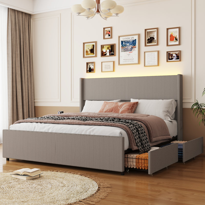 Corduroy Upholstered Platform Bed With Drawers, LED Light, Wingback Headboard, And Footboard, No Box Spring Needed, Queen