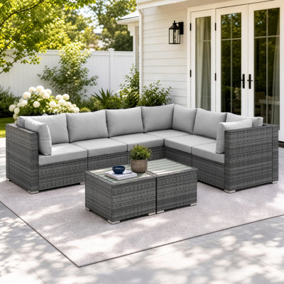 Ensemble de conversation modulaire d'extérieur en rotin 7 pièces avec tables, ensemble de mobilier de patio modulaire avec coussin