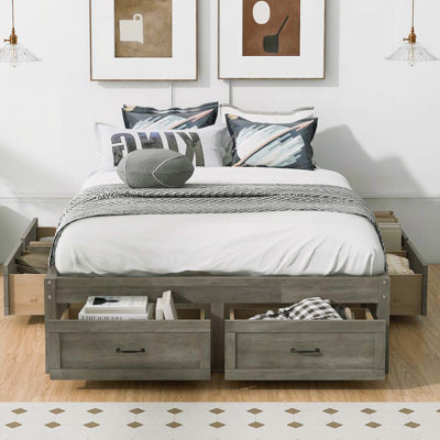 Lit plateforme en bois avec 6 tiroirs de rangement