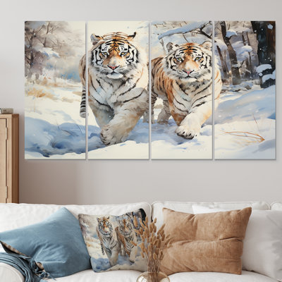 White Tigers Playing In The Snow II - Tiger 4 Piece Wall Art