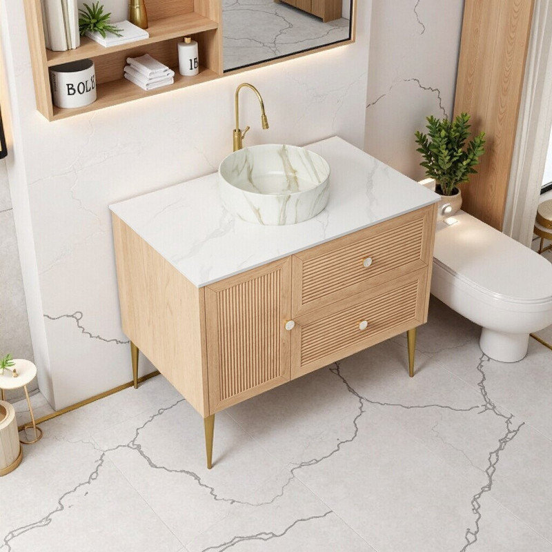 Meuble-lavabo sur pied 36 po avec lavabo, armoire en contreplaqué et 4 pieds en métal, pré-assemblé
