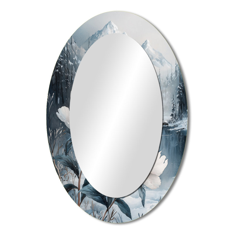 Pivoine enneigée dans la forêt - miroir mural ovale blanc, 36 po x 24 po