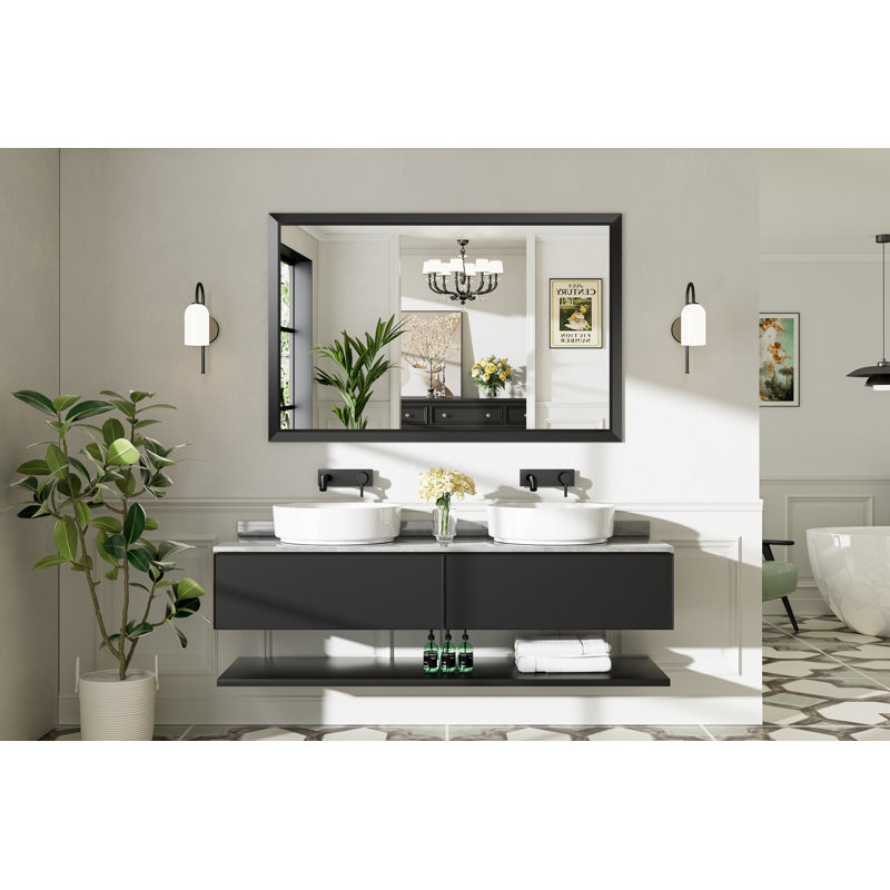 Miroirs de salle de bain modernes et contemporains en métal biseauté rectangulaire / carré avec verre trempé HD, Noir mat