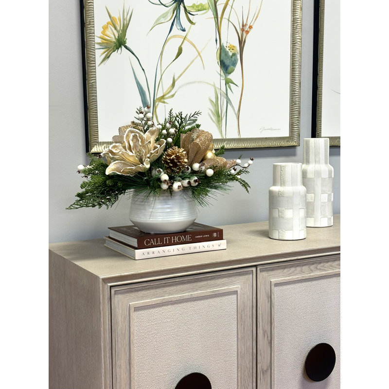 Magnolia Arrangement With Greens And Pine Cones