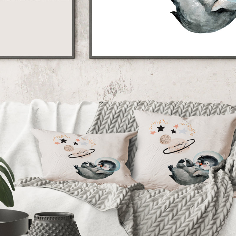 Housse de coussin rectangulaire petit pingouin avec étoiles et planètes I