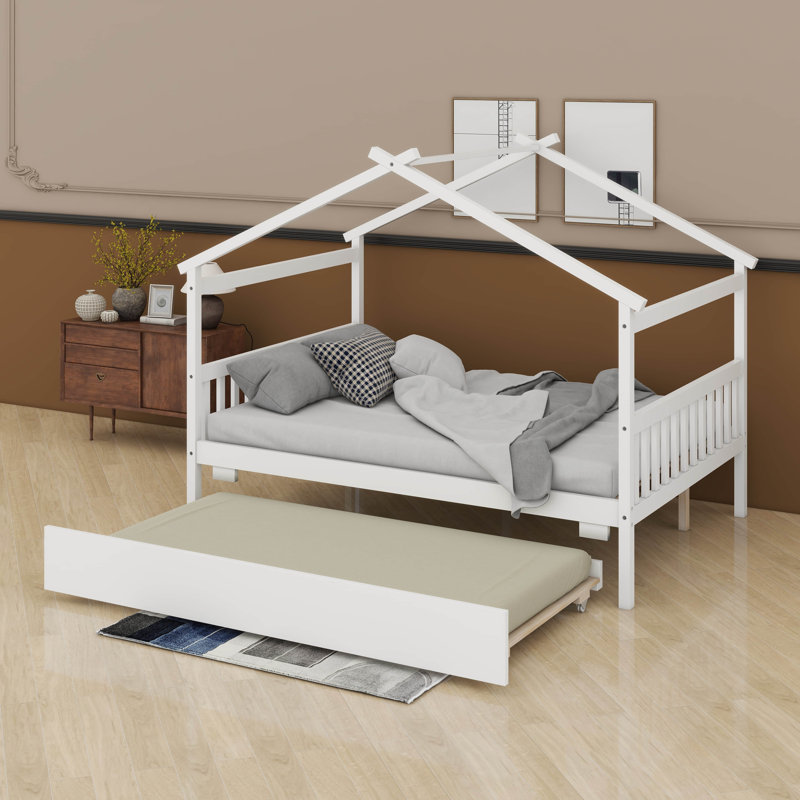 Lit double en bois avec lit gigogne, Blanc