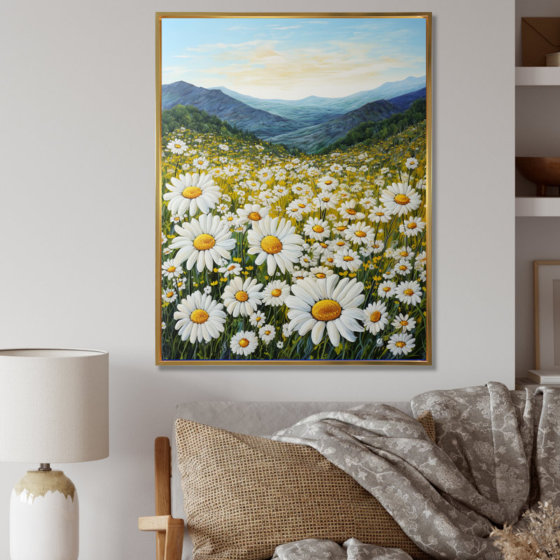 Mountain Daisies On Hill II, reproduction d'art sur toile, Cadre flottant doré, H 20 po x l 12 po x P 1 po