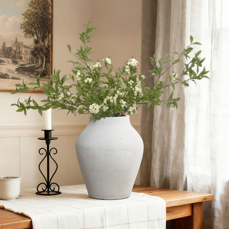 Vase en ciment blanc antique avec accents gris, 13,4 po de hauteur, décor décoratif, H 13,39 po x 11,02 po de diamètre